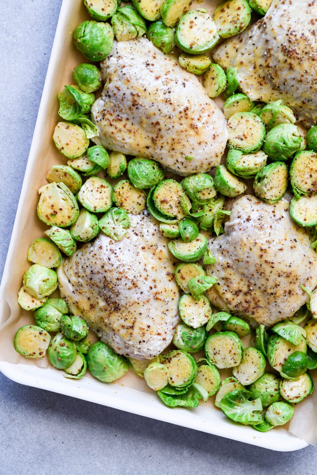 Oven Baked Honey Mustard Chicken Thighs and Brussels Sprouts {gluten