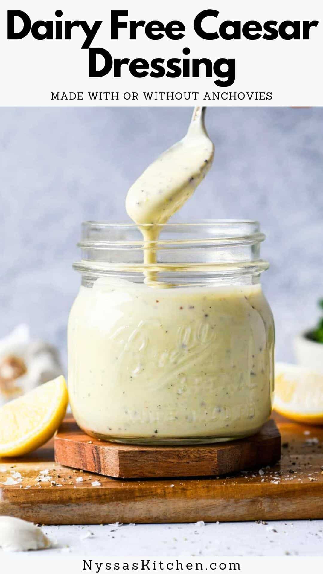This creamy dairy free Caesar is one of my all time favorite salad dressings! It is rich, lemony, garlicky, insanely creamy, and full of punchy flavor. Perfect for a swoon worthy homemade Caesar salad. And it comes together in less than 5 minutes! Can be made with or without anchovies. Whole30, paleo, and low carb.
