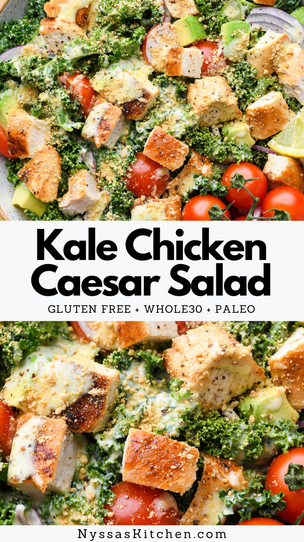 Pinterest pin for Kale Chicken Caesar Salad