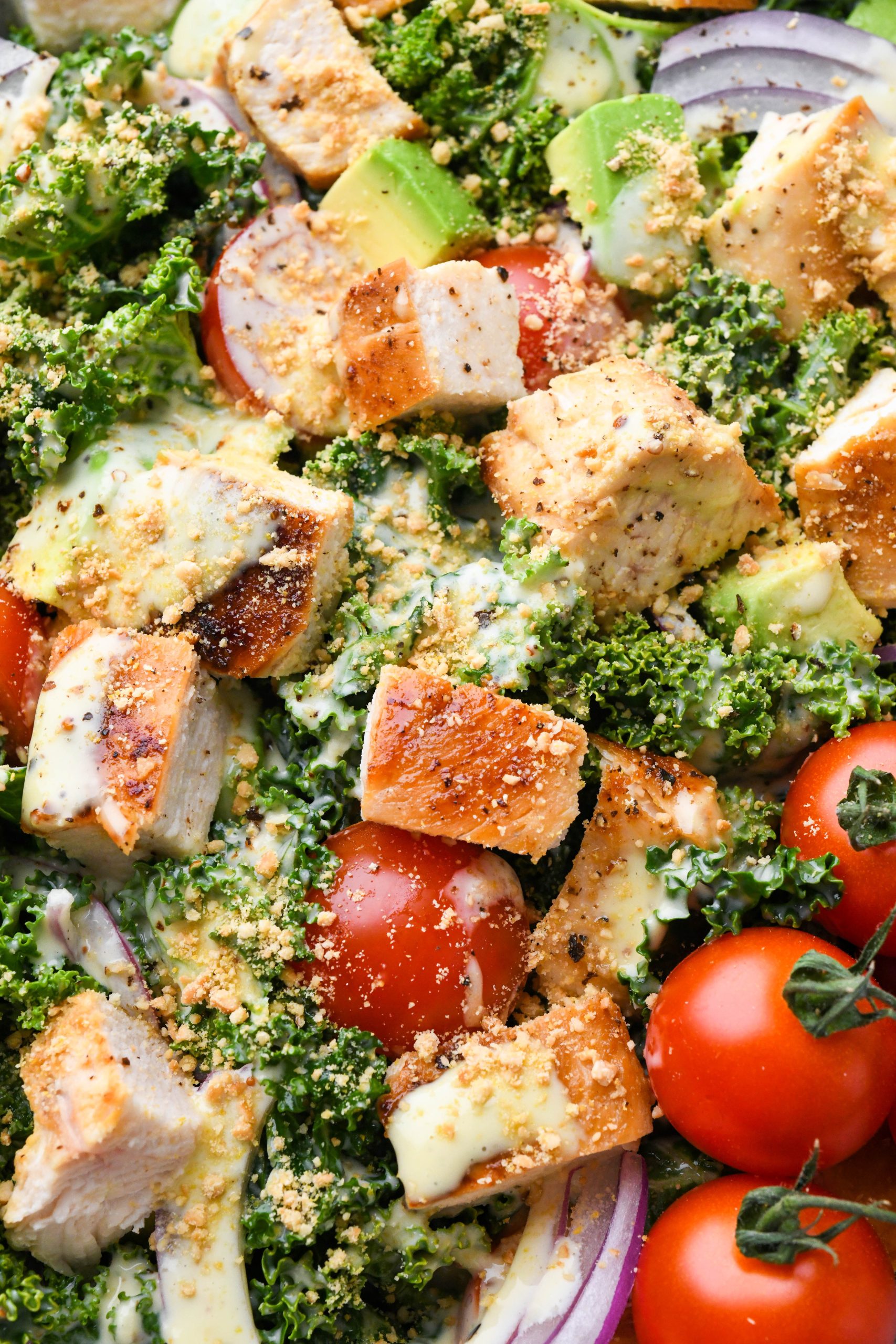 How to make Kale Chicken Caesar Salad: Kale salad fully assembled.