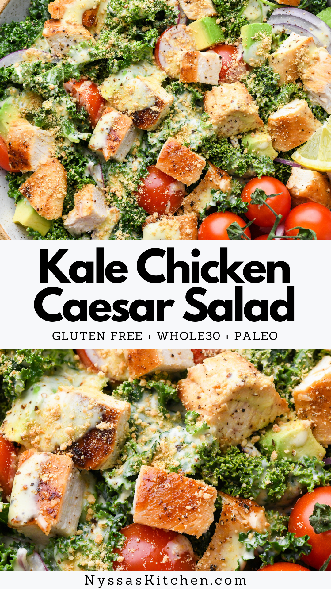This Whole30 kale chicken Caesar salad is SUCH a crave worthy Whole30 meal! Made with hearty kale, perfectly seasoned chicken, a delightfully creamy homemade Whole30 caesar dressing, tomatoes, avocado, and red onion, and topped with a dairy free parmesan "cheese". Just like your favorite Caesar salad, but healthier! Whole30, paleo, gluten free, dairy Free.