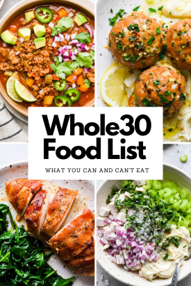 Whole30 Food List Graphic with colorful images of Whole30 meals