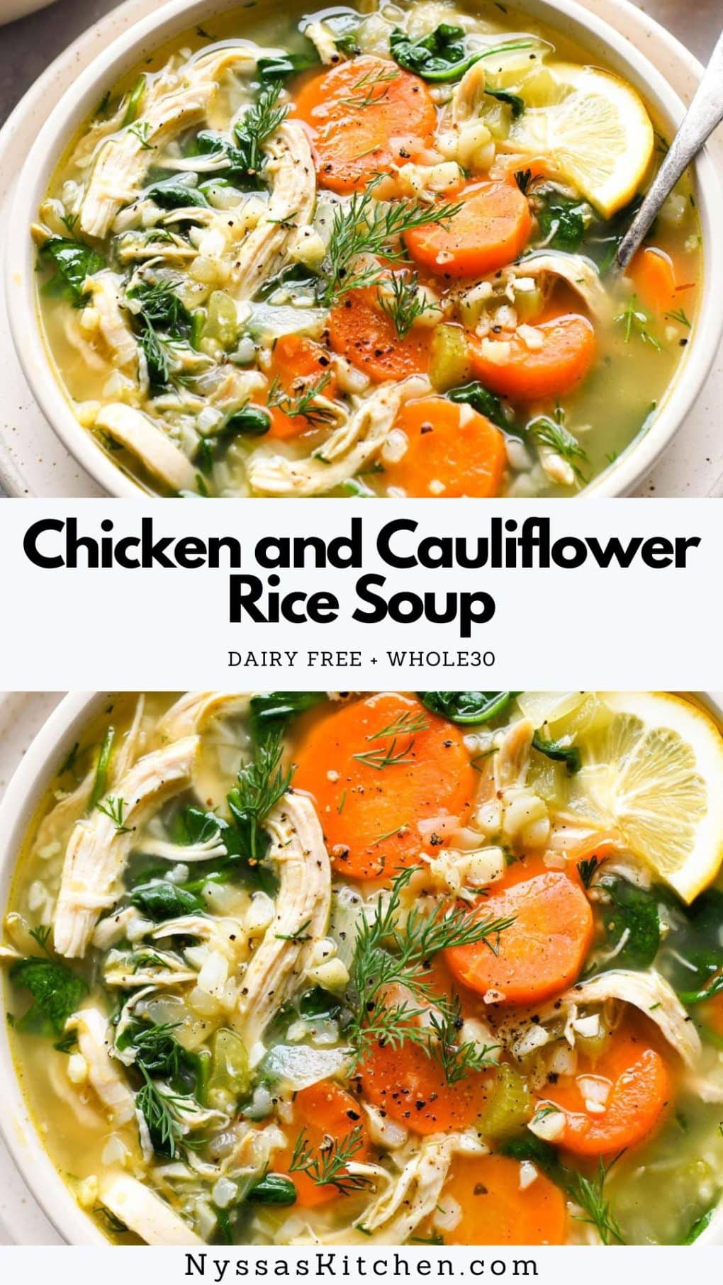 Pinterest pin for Chicken and Cauliflower Rice Soup