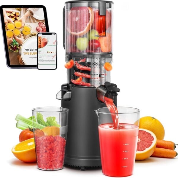 A juicer machine dispensing red juice into a glass, surrounded by fresh fruits and vegetables.