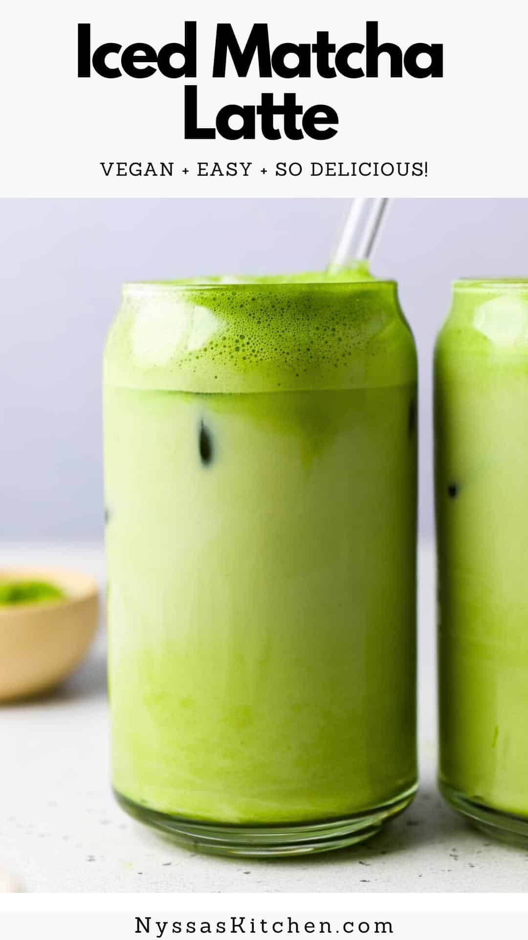 This iced matcha latte recipe is super easy to make at home! It is a simple DIY matcha that's creamy, refreshing, and better than Starbucks (truly!). Made with good for you ingredients like matcha powder, dairy free milk, vanilla, and lightly sweetened to taste. Vegan, dairy free, paleo friendly, Whole30 option.