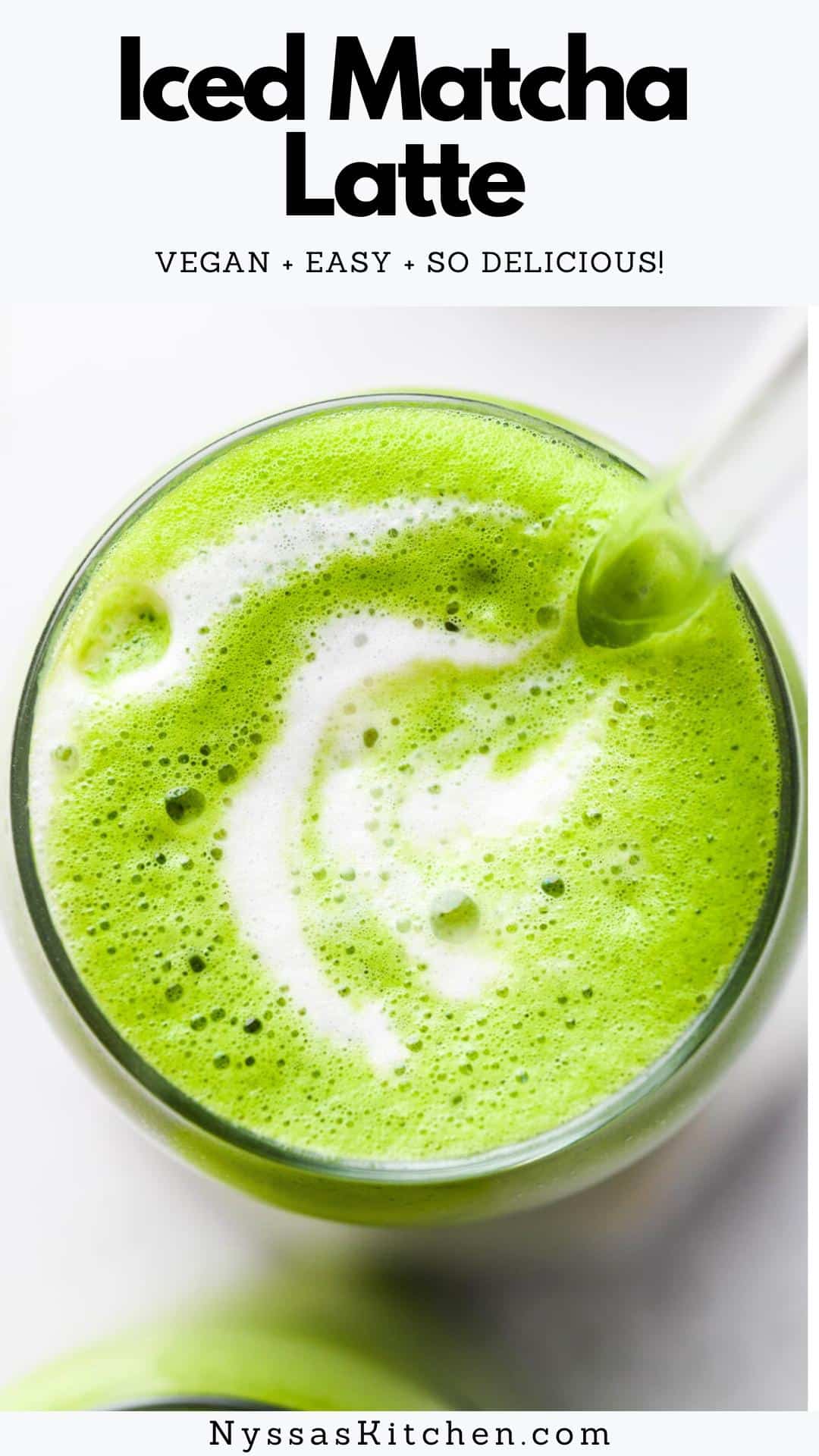 This iced matcha latte recipe is super easy to make at home! It is a simple DIY matcha that's creamy, refreshing, and better than Starbucks (truly!). Made with good for you ingredients like matcha powder, dairy free milk, vanilla, and lightly sweetened to taste. Vegan, dairy free, paleo friendly, Whole30 option.