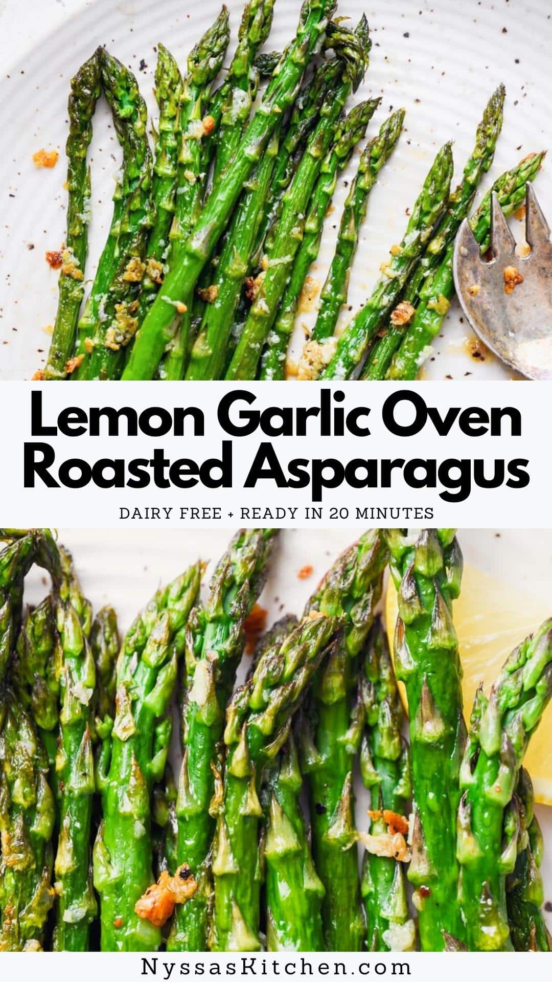 This simple lemon garlic oven roasted asparagus is an incredibly easy side dish that is SO delicious! The best asparagus recipe that's great on its own or added to other dishes. Perfectly seasoned, ready in 20 minutes, dairy free, and super flavorful.
