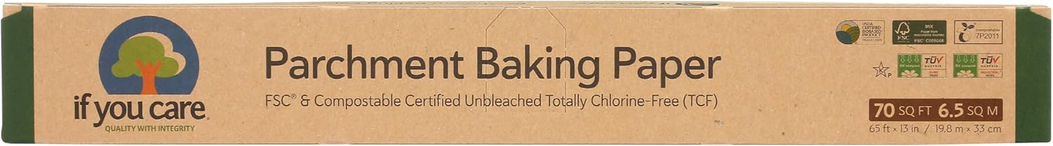 A rectangular box of If You Care Parchment Baking Paper, made from FSC certified, compostable, and chlorine-free materials. The box includes eco-friendly certifications and dimensions: 70 sq ft (6.5 sq m).