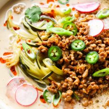 Crispy Pork and Zucchini Noodle Coconut Soup