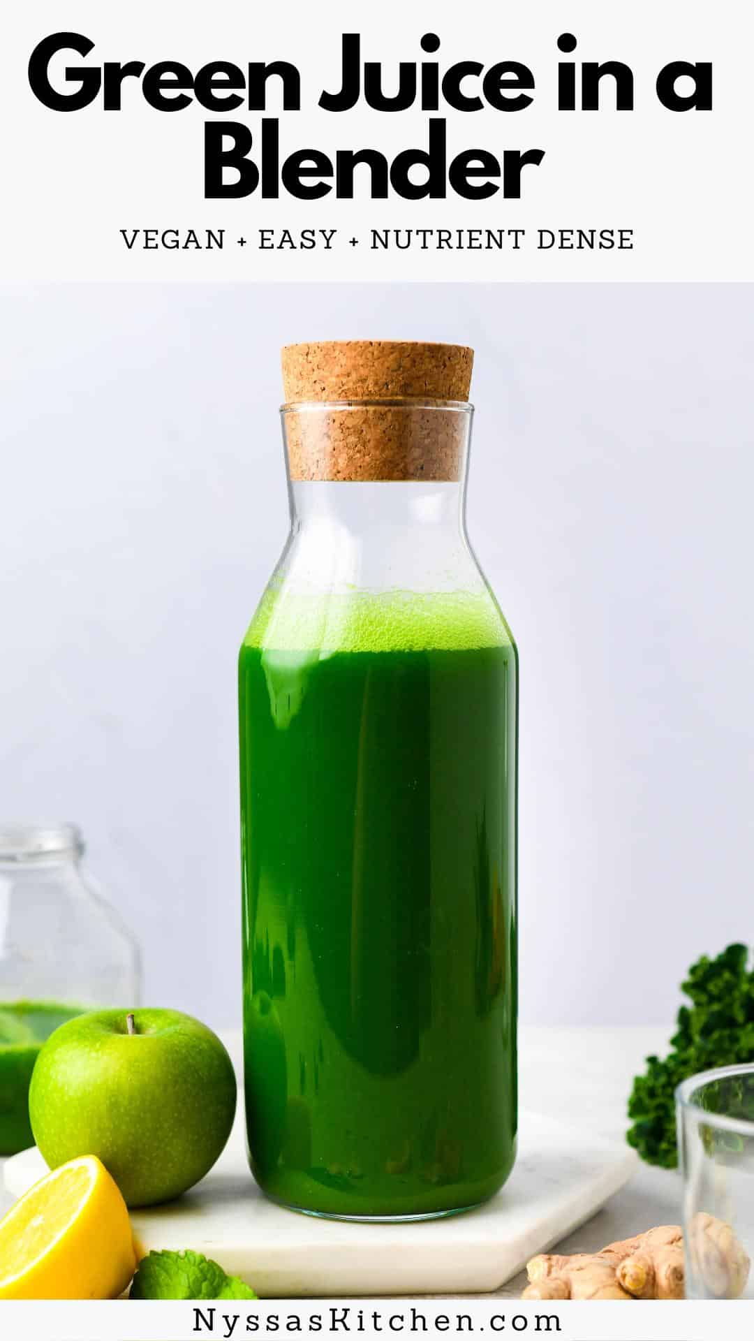 Making green juice in a blender is easier than you might think - no juicer required! This healthy green juice recipe is made with whole fruits and vegetables like kale, cucumbers, fresh mint or parsley, ginger, lemon, and apples. So nutrient dense, easy, and delicious. Vegan, gluten free, Whole30 compatible, and paleo.