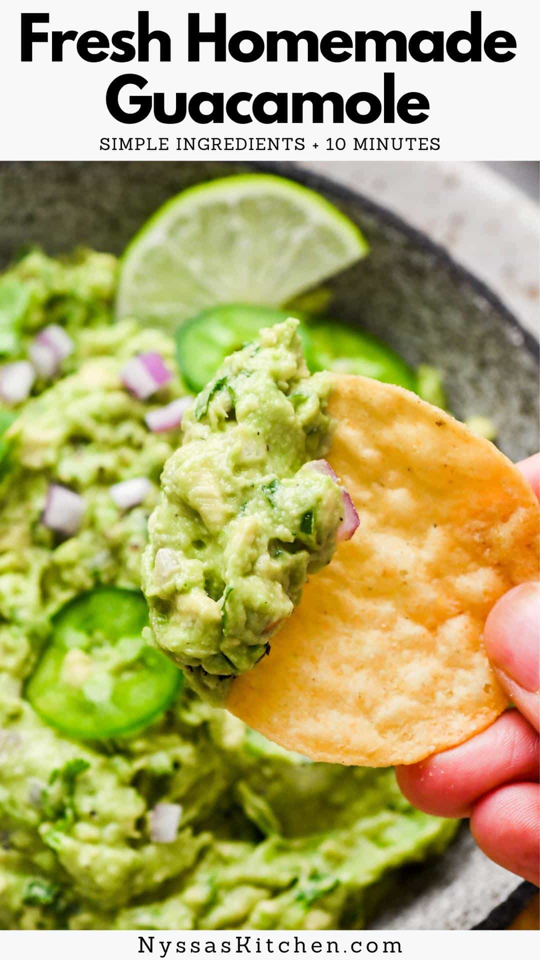 You're going to love this easy guacamole recipe! Made from scratch with fresh and flavorful ingredients including perfectly ripe avocado, cilantro, red onion, jalapeño, and lime juice. It is zesty, SO delish, and ready in less than 10 minutes.
