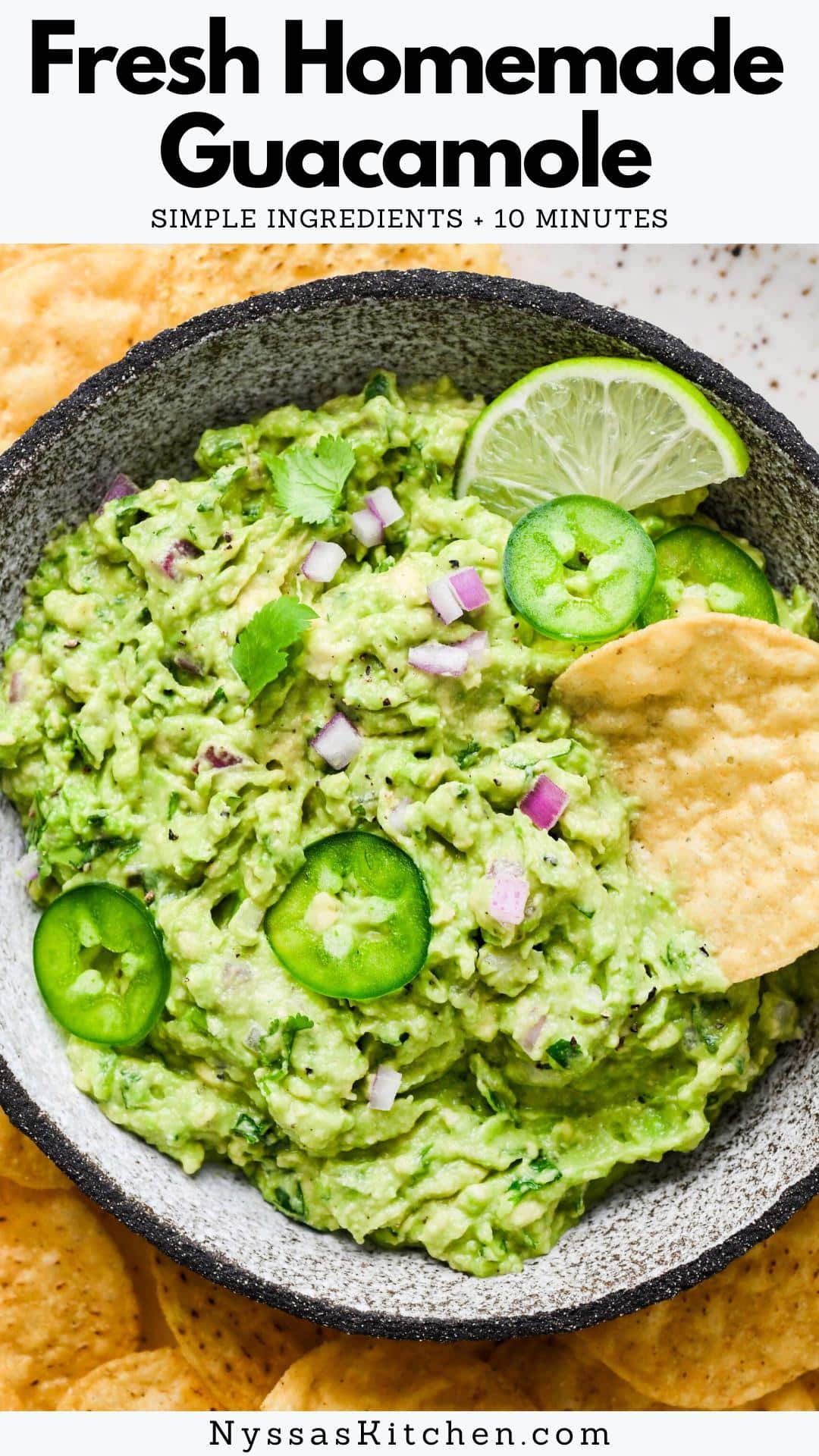 You're going to love this easy guacamole recipe! Made from scratch with fresh and flavorful ingredients including perfectly ripe avocado, cilantro, red onion, jalapeño, and lime juice. It is zesty, SO delish, and ready in less than 10 minutes.