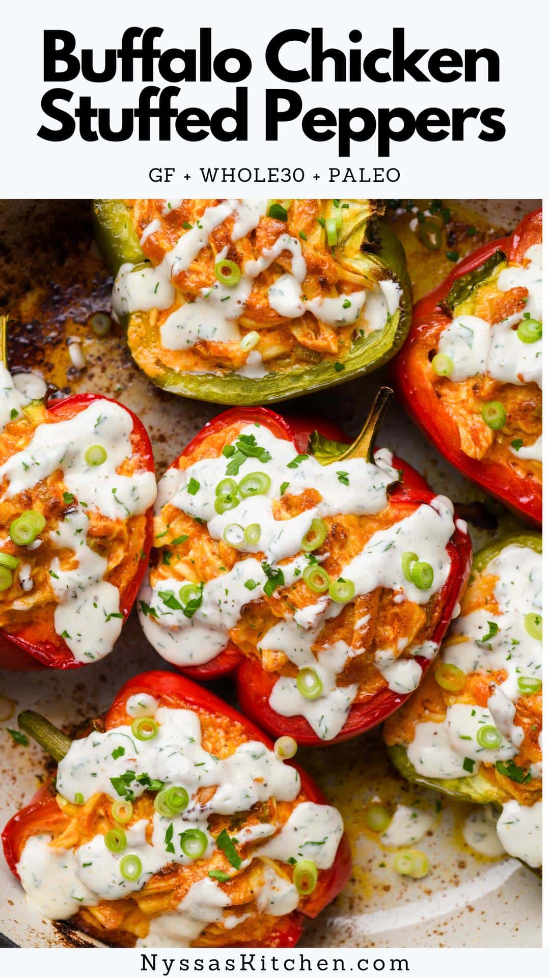 These buffalo chicken stuffed peppers are an easy, delicious dinner that everyone will love! Made with shredded chicken, spicy buffalo sauce, and topped with a generous drizzle of ranch dressing and fresh herbs. Healthy, flavorful, and easy to make! Whole30, paleo, gluten free, dairy free, and low carb / keto friendly.