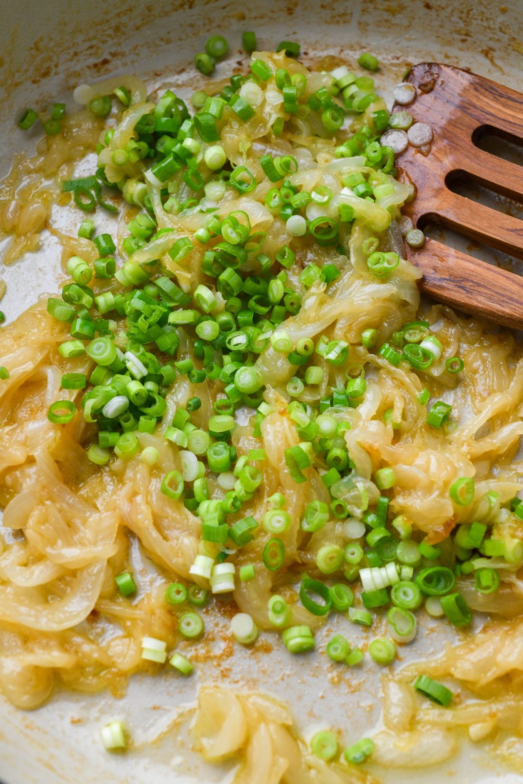 Close up image of caramelized onions with thinly sliced green onions scattered over the top. 