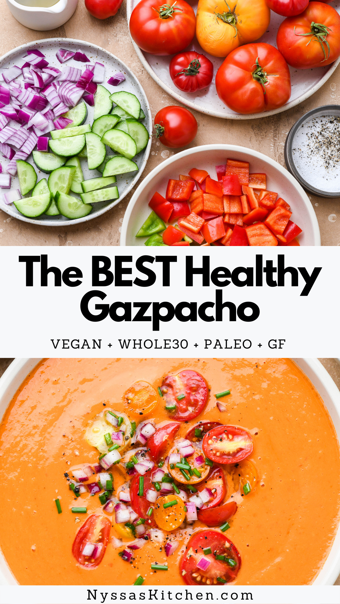 The BEST healthy gazpacho is packed with all the goodness of fresh summer produce like tomatoes, peppers, and cucumber. It's healthy, simple to make (blender recipe!), and a real show-stopper. Made without bread for a delicious whole30, gluten free, paleo, and vegan version of a classic!