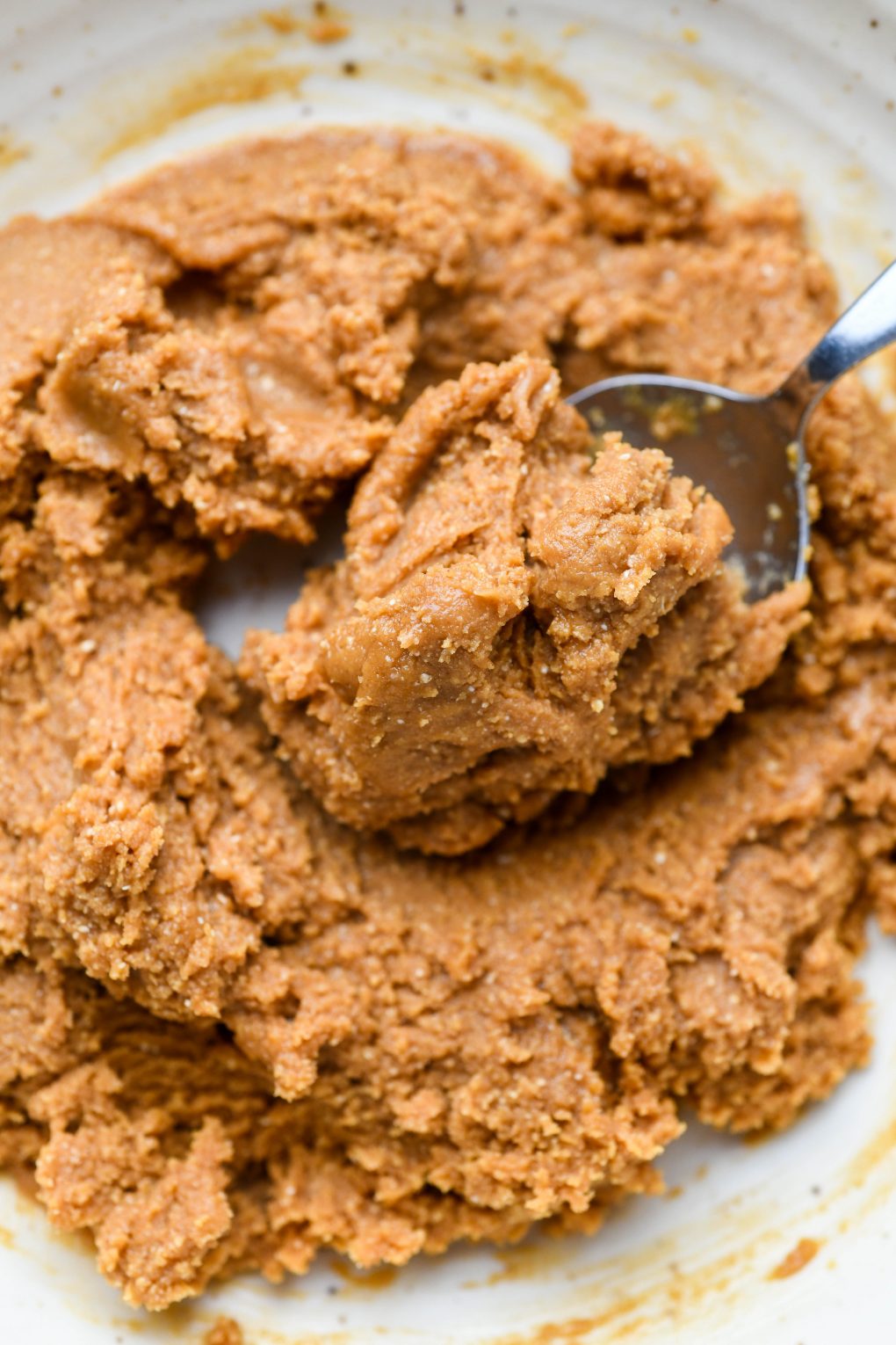 A spoonful of the mixed and thickened chocolate peanut butter no bake cookie dough