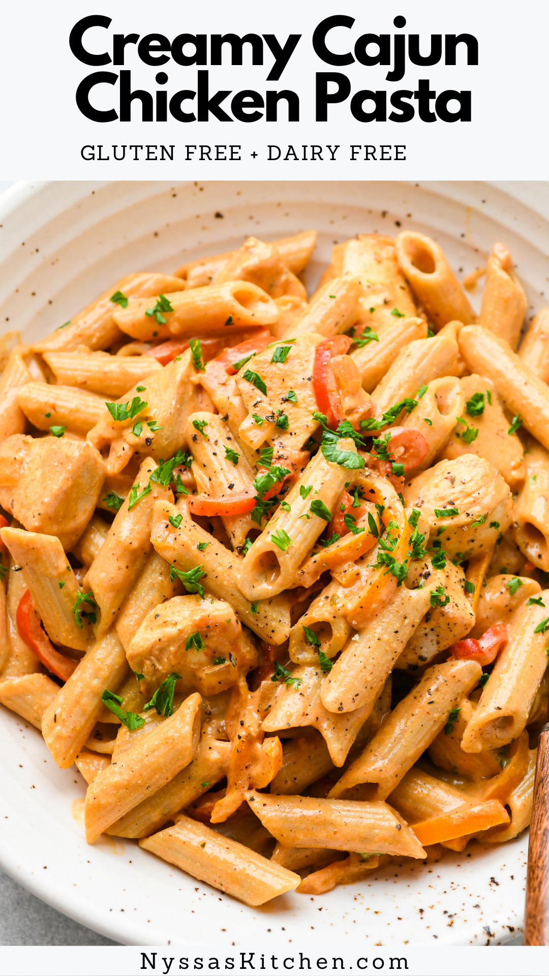 Dairy free and gluten free, this creamy cajun chicken pasta is a lightened up version of a comfort food classic! A cozy recipe that's perfect for any night of the week that's healthy and full of zesty Cajun flavor. Gluten free, dairy free, vegan option.