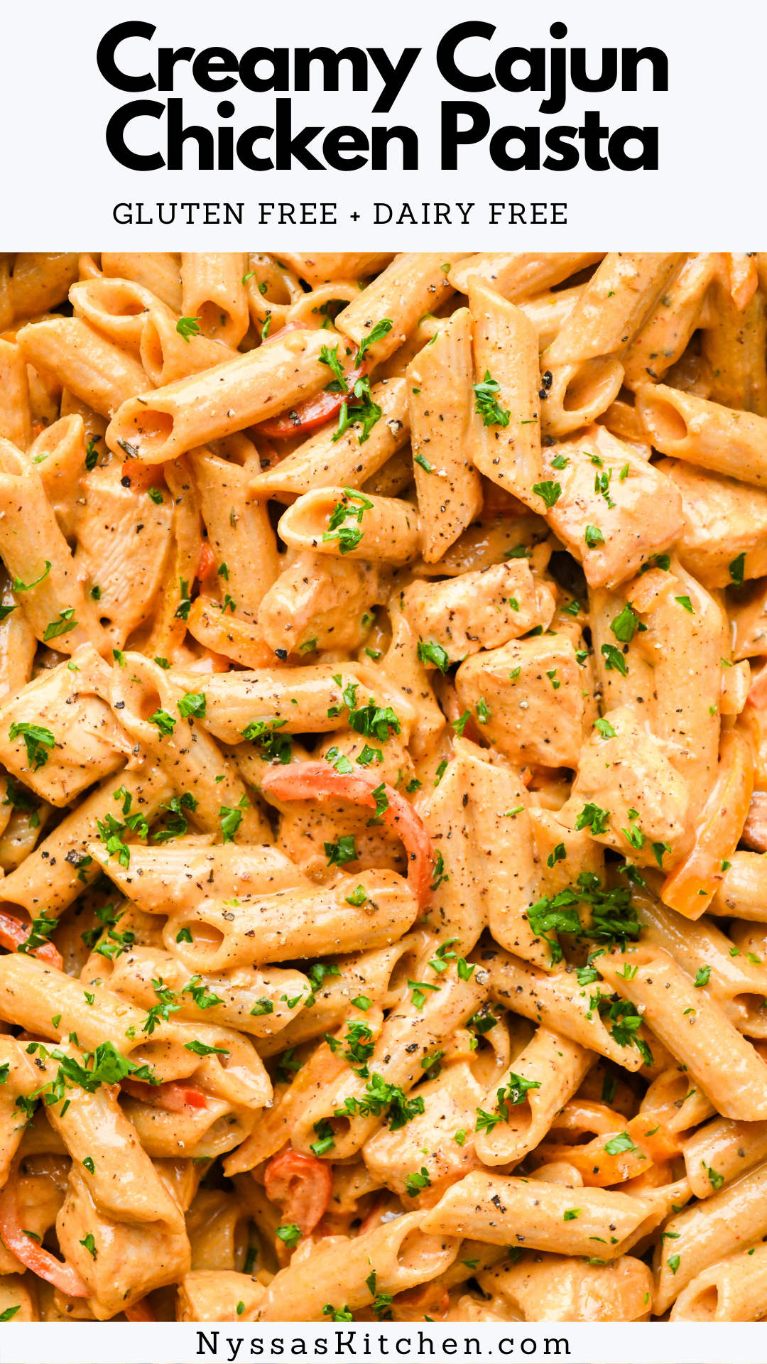 Dairy free and gluten free, this creamy cajun chicken pasta is a lightened up version of a comfort food classic! A cozy recipe that's perfect for any night of the week that's healthy and full of zesty Cajun flavor. Gluten free, dairy free, vegan option.