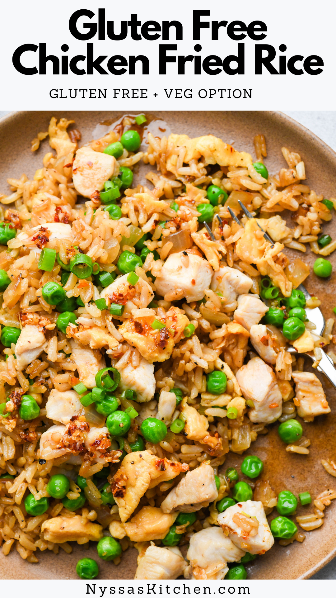 Gluten free chicken fried rice - a truly delicious (& easy!) recipe for fried rice that is arguably better than takeout. Crispy, perfectly seasoned rice, scrambled eggs, sweet peas, and green onions bring this dish to life for a dinner that the whole family will love! Gluten free, soy free option, vegetarian option.