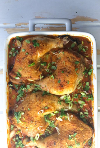CRISPY COCONUT BRAISED CHICKEN WITH TOMATOES, KALE AND POTATOES-cover image