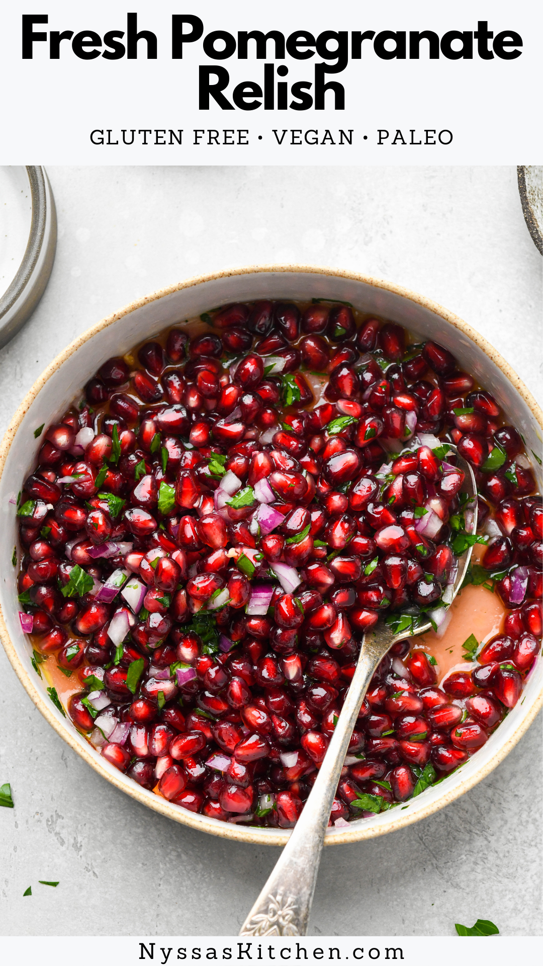 Fresh pomegranate relish is a bright and flavorful condiment that can be served with chicken, turkey, fish, or salad. A delightfully tart and juicy twist on classic cranberry relish that would be perfect for Thanksgiving dinner! Vegan, gluten free, paleo.