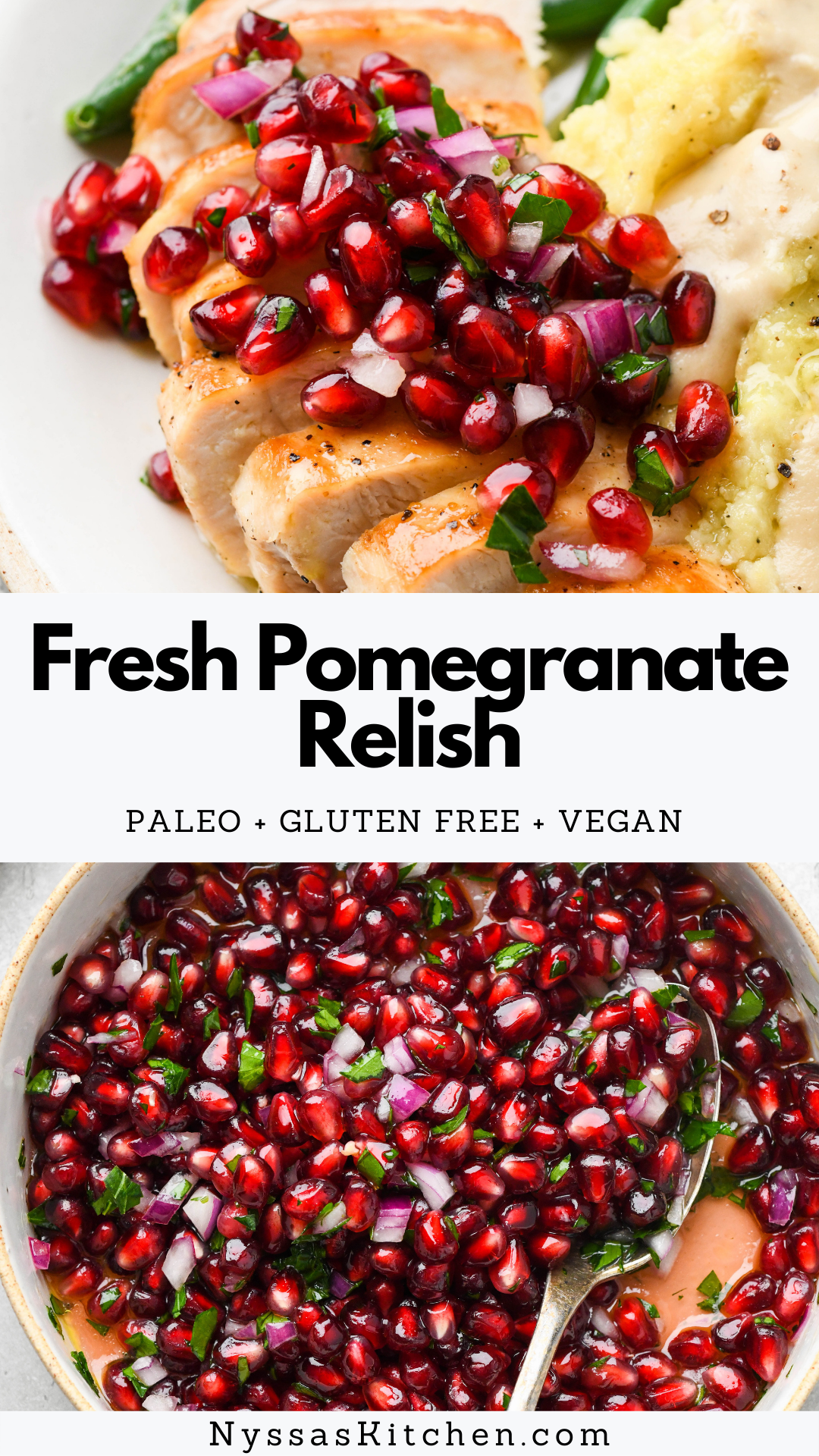 Fresh pomegranate relish is a bright and flavorful condiment that can be served with chicken, turkey, fish, or salad. A delightfully tart and juicy twist on classic cranberry relish that would be perfect for Thanksgiving dinner! Vegan, gluten free, paleo.
