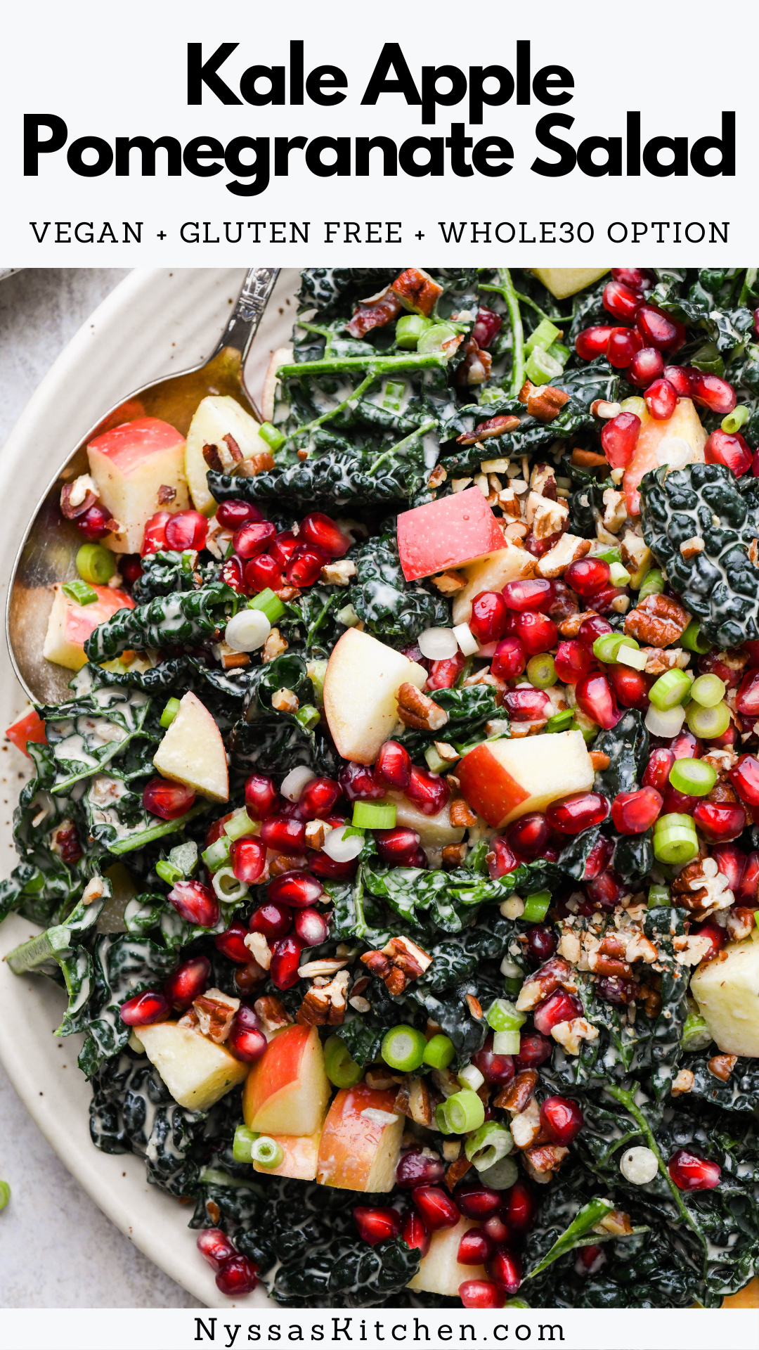 This kale apple pomegranate salad is a bright and festive winter salad that's perfect for the holidays and every day dinners! Made with nutrient dense ingredients like kale, apples, pecans, green onions, pomegranate, and a creamy tahini based dressing. It would make a delicious and colorful addition to your Thanksgiving or Christmas dinner. Gluten free, vegan, paleo, Whole30 option.