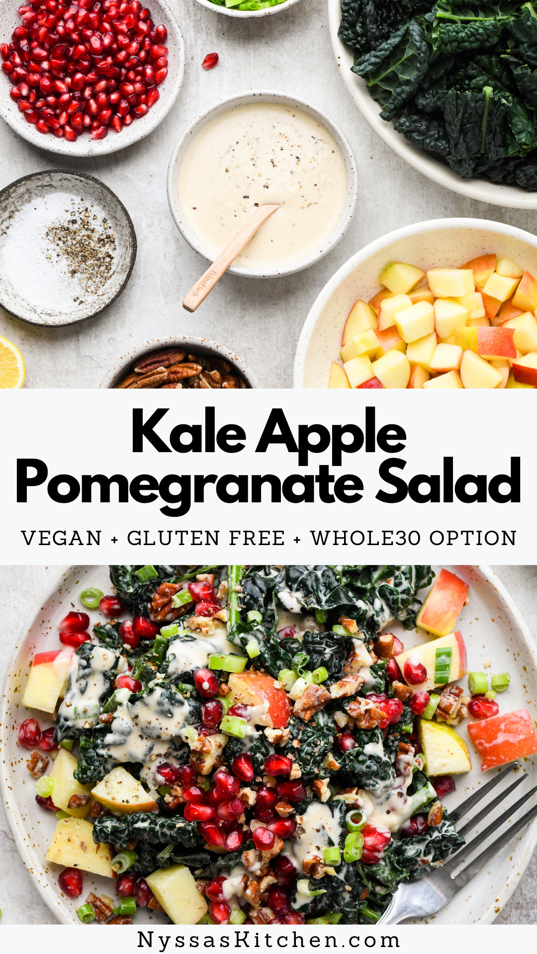 This kale apple pomegranate salad is a bright and festive winter salad that's perfect for the holidays and every day dinners! Made with nutrient dense ingredients like kale, apples, pecans, green onions, pomegranate, and a creamy tahini based dressing. It would make a delicious and colorful addition to your Thanksgiving or Christmas dinner. Gluten free, vegan, paleo, Whole30 option.