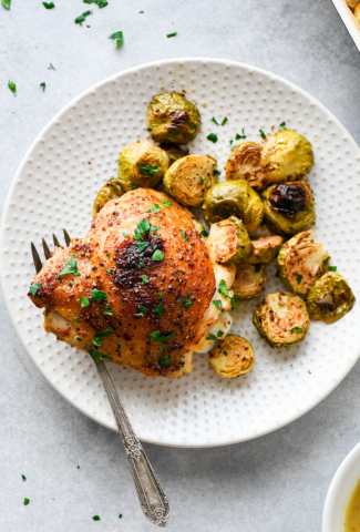 OVEN BAKED HONEY MUSTARD CHICKEN THIGHS AND BRUSSELS SPROUTS {GLUTEN FREE + PALEO}-cover image