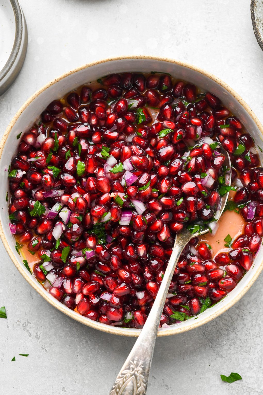An overhead image of a wide shallow bowl of fresh pomegranate relish with diced red onion and parsley. 