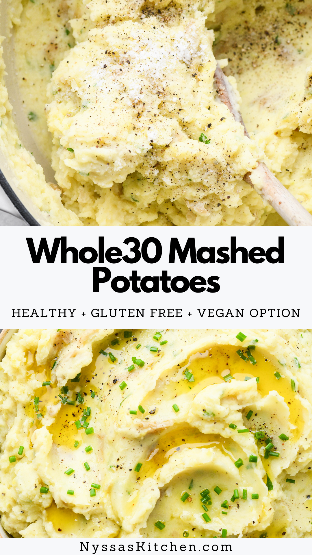 Whole30 garlic herb mashed potatoes are the healthy homemade comfort food side dish you need! Made with buttery Yukon gold potatoes, garlic infused ghee, and a generous handful of fresh herbs. They are savory, creamy, and absolutely irresistible. Whole30, paleo, gluten free, and vegan option.