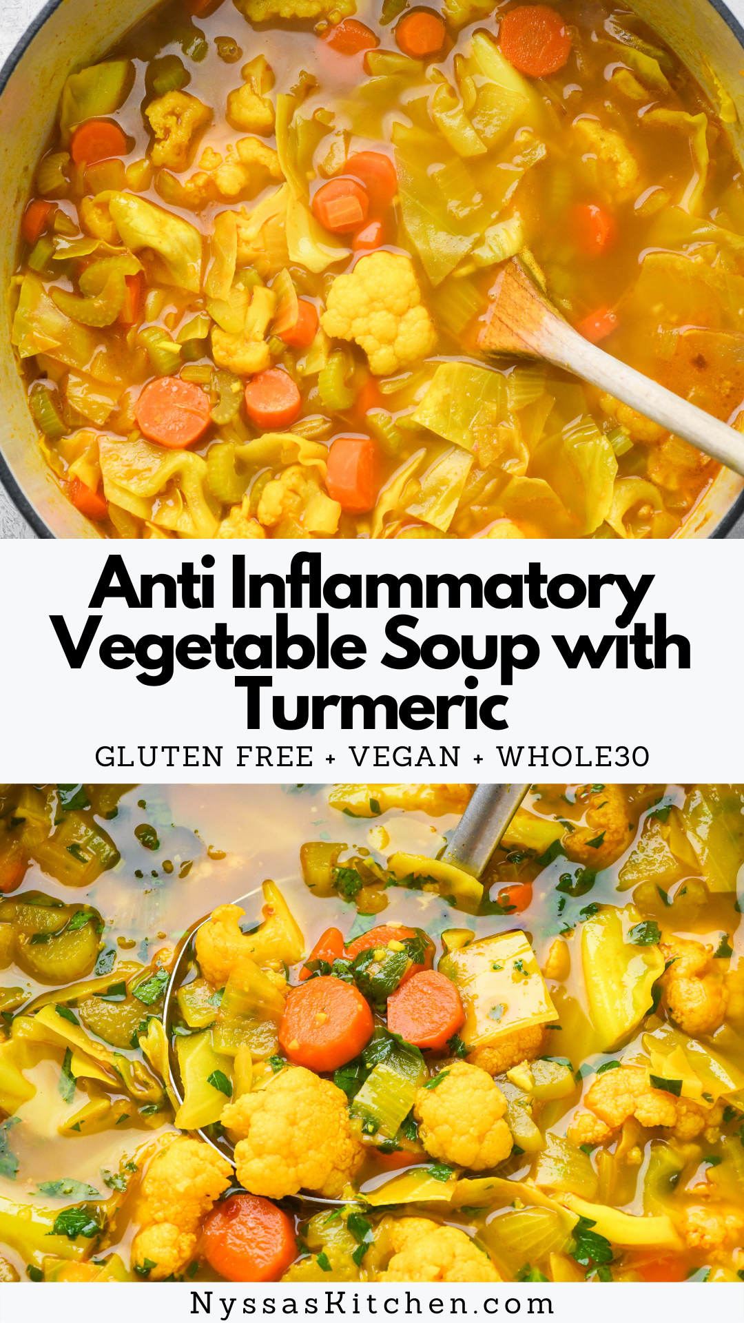 Warm up with this anti inflammatory vegetable soup with turmeric! Made with nutrient dense ingredients like olive oil, onions, carrots, celery, cabbage, cauliflower, turmeric, and vegetable broth, this healthy soup will keep you feeling your best all winter long. Vegan, gluten free, paleo, and Whole30 compatible.