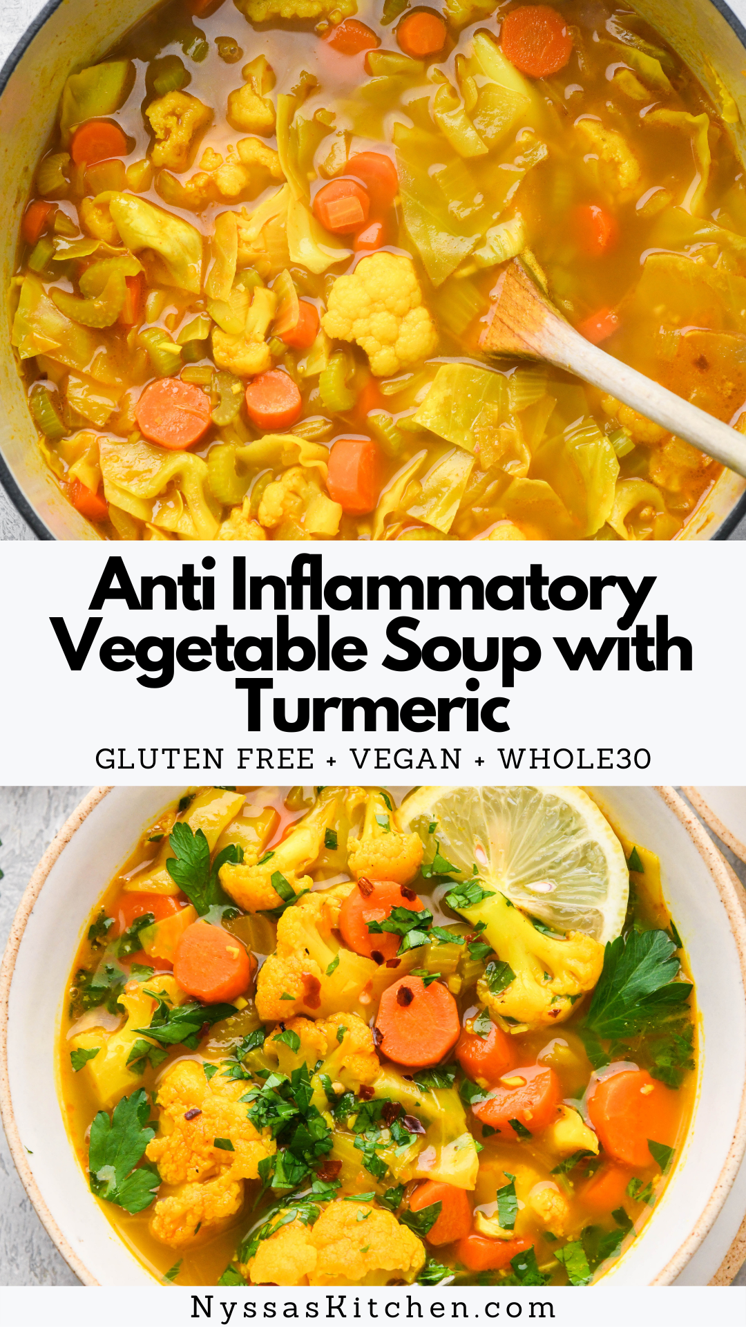 Warm up with this anti inflammatory vegetable soup with turmeric! Made with nutrient dense ingredients like olive oil, onions, carrots, celery, cabbage, cauliflower, turmeric, and vegetable broth, this healthy soup will keep you feeling your best all winter long. Vegan, gluten free, paleo, and Whole30 compatible.