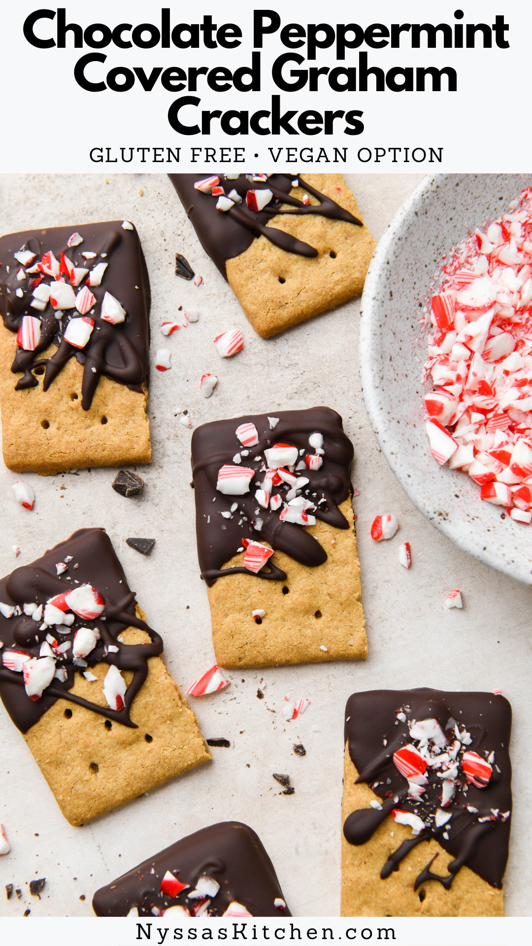 Chocolate peppermint covered graham crackers are a delicious and easy holiday treat! Made with gluten free graham crackers, melted chocolate, peppermint extract, and crushed candy canes - no baking required. A simple and festive dessert that the whole family will love making and eating! Gluten free, vegan option.