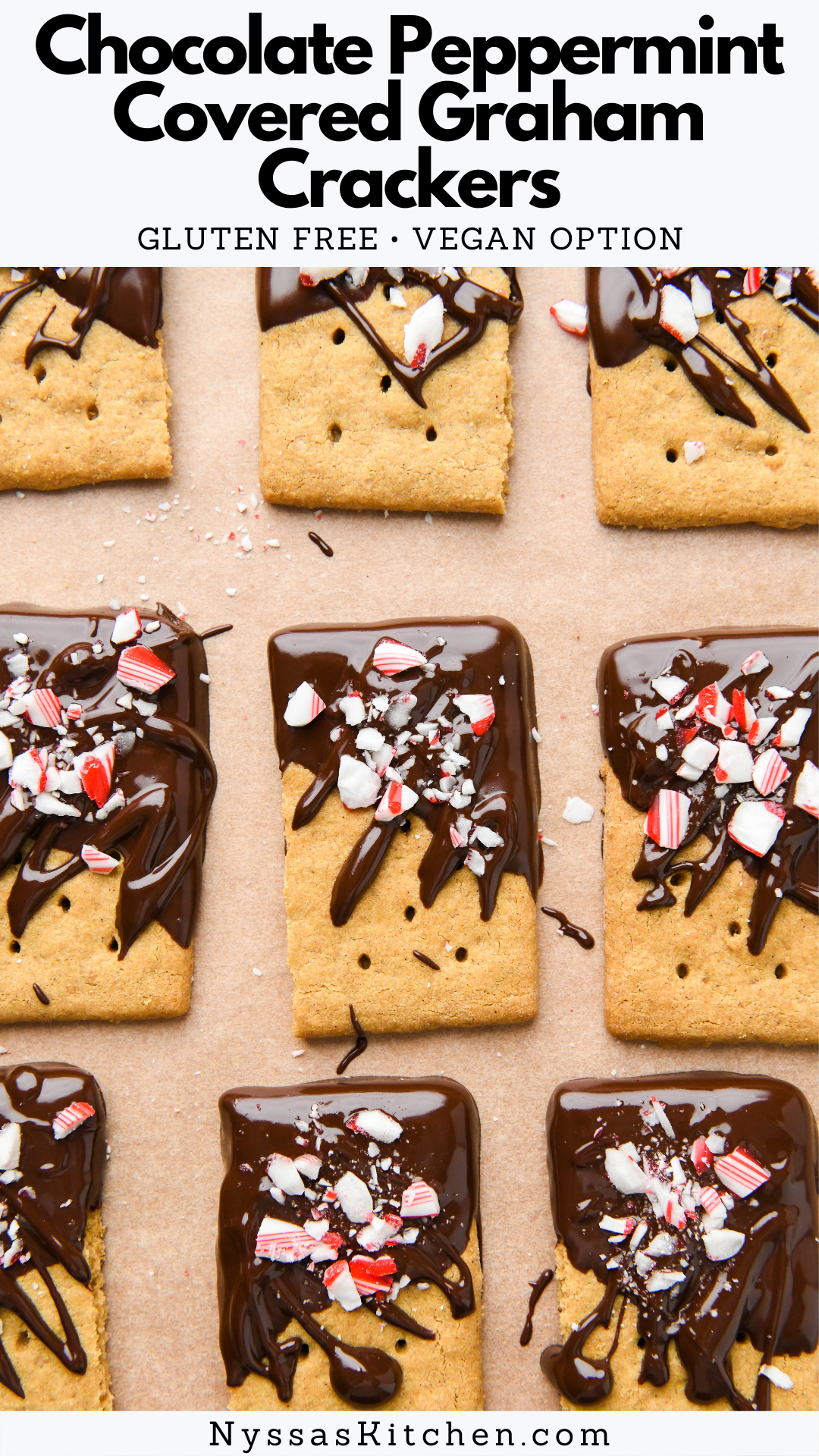 Chocolate peppermint covered graham crackers are a delicious and easy holiday treat! Made with gluten free graham crackers, melted chocolate, peppermint extract, and crushed candy canes - no baking required. A simple and festive dessert that the whole family will love making and eating! Gluten free, vegan option.