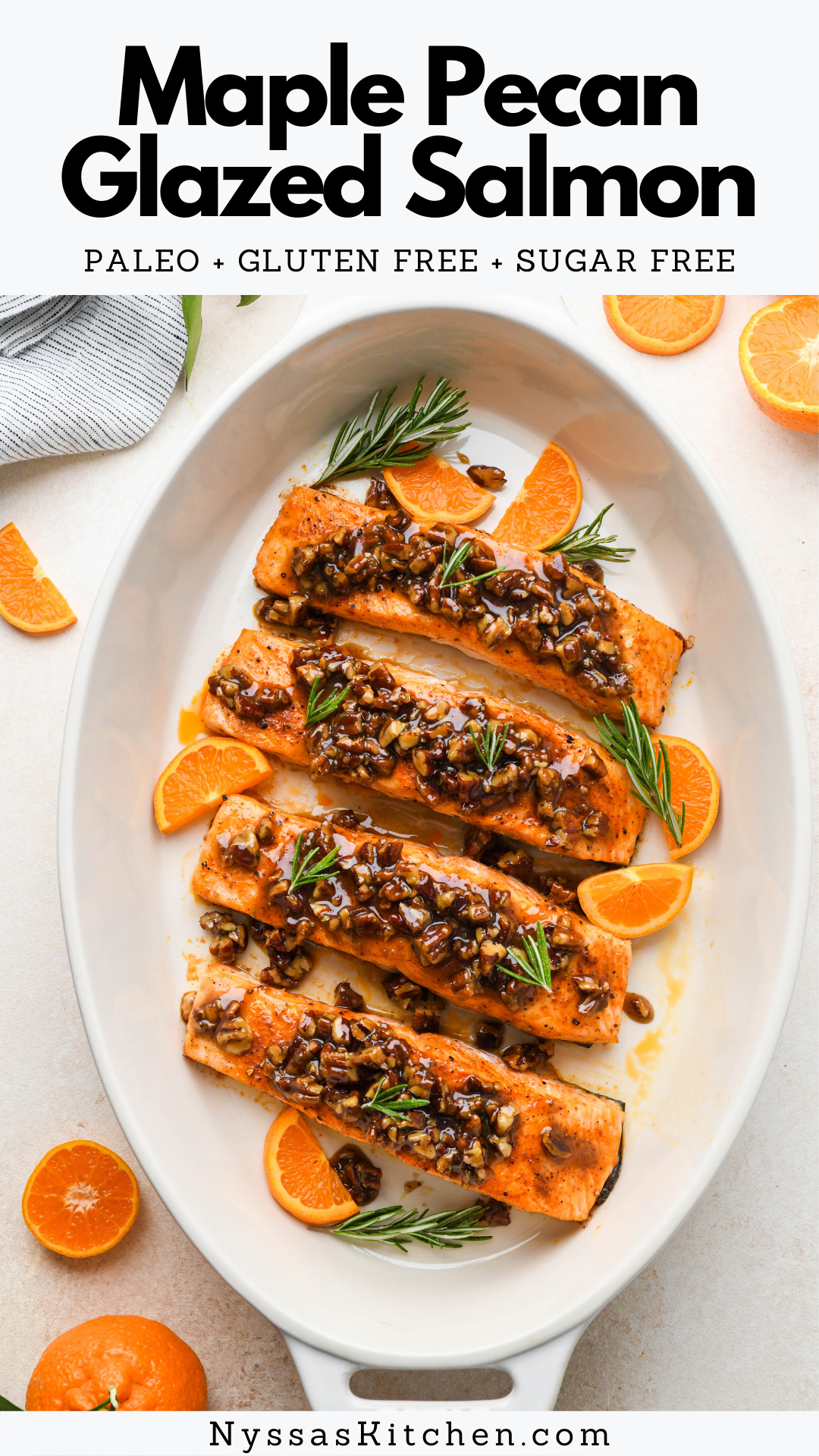 You are going to love this delightful maple pecan glazed salmon! Oven baked and well seasoned, this elegant salmon dish is impressive but easy to make. Made with healthy whole food ingredients that come together to create the most delicious meal with the best homemade maple glaze. Perfect for the holidays or for date night in! Gluten free, refined sugar free, dairy free option, and paleo.