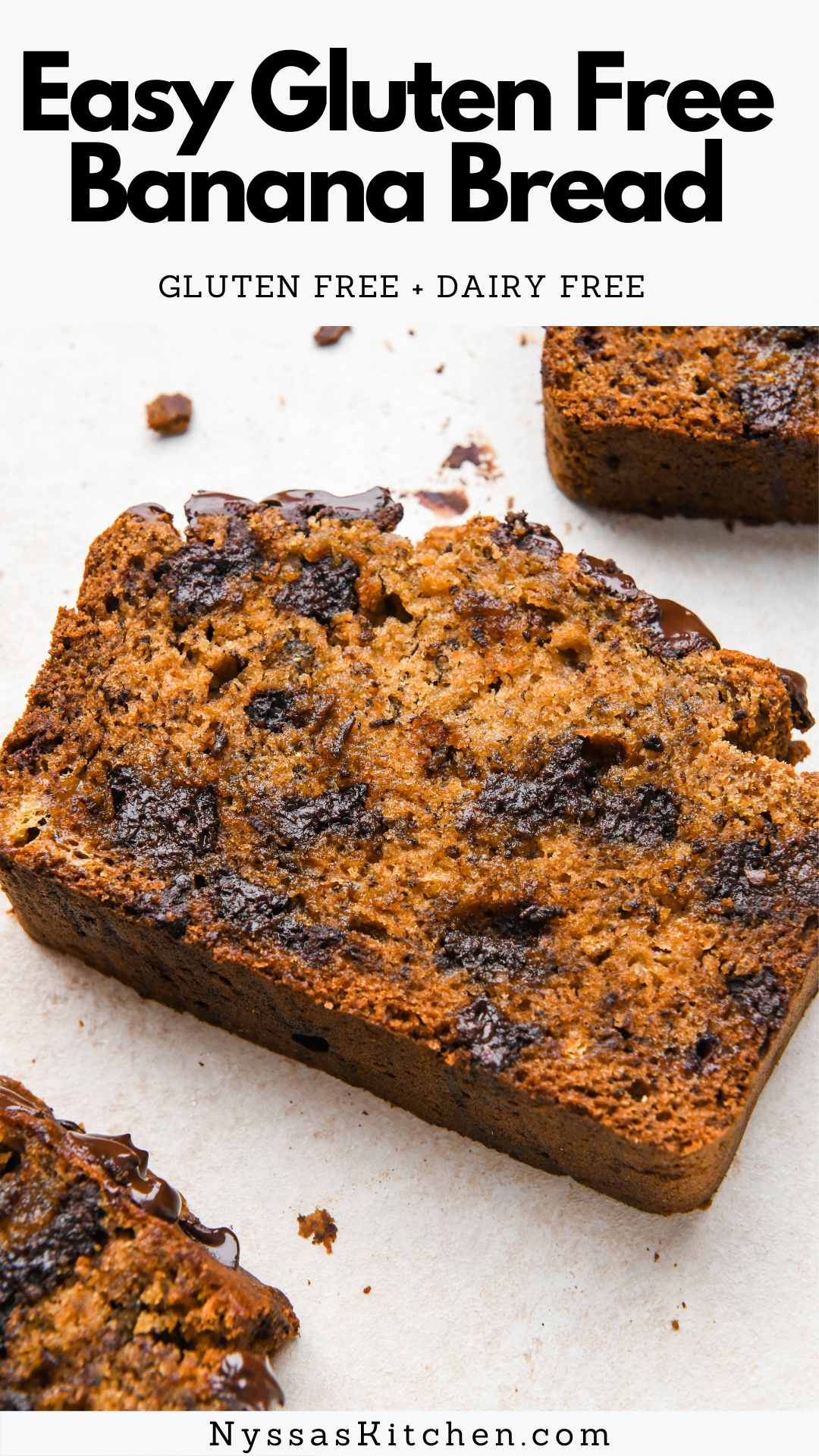 This easy gluten free banana bread is moist, healthy, and just as delicious as regular banana bread! Made with simple, clean ingredients, chocolate chips, and all purpose gluten free flour for a recipe you'll come back to again and again. Perfect for breakfast or a mid day snack! Gluten free, dairy free, and naturally sweetened.