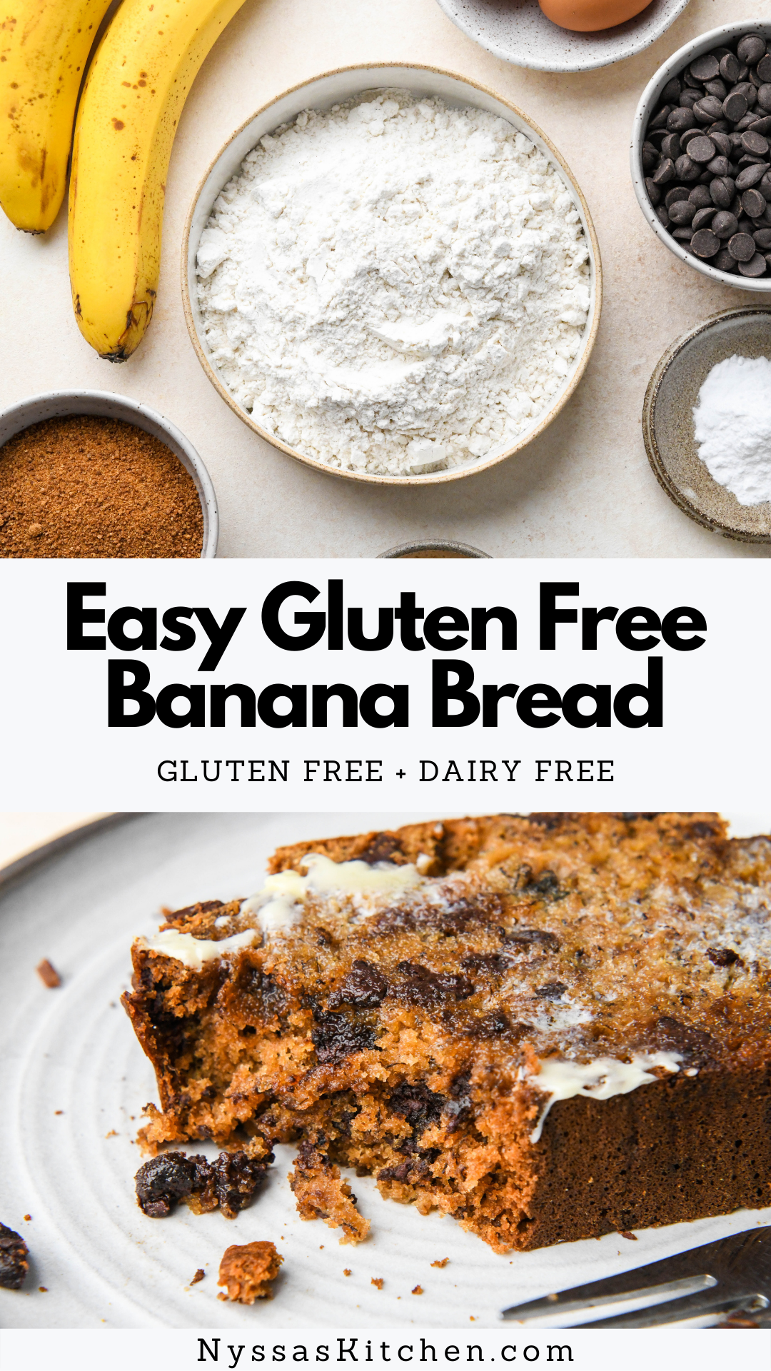 This easy gluten free banana bread is moist, healthy, and just as delicious as regular banana bread! Made with simple, clean ingredients, chocolate chips, and all purpose gluten free flour for a recipe you'll come back to again and again. Perfect for breakfast or a mid day snack! Gluten free, dairy free, and naturally sweetened.