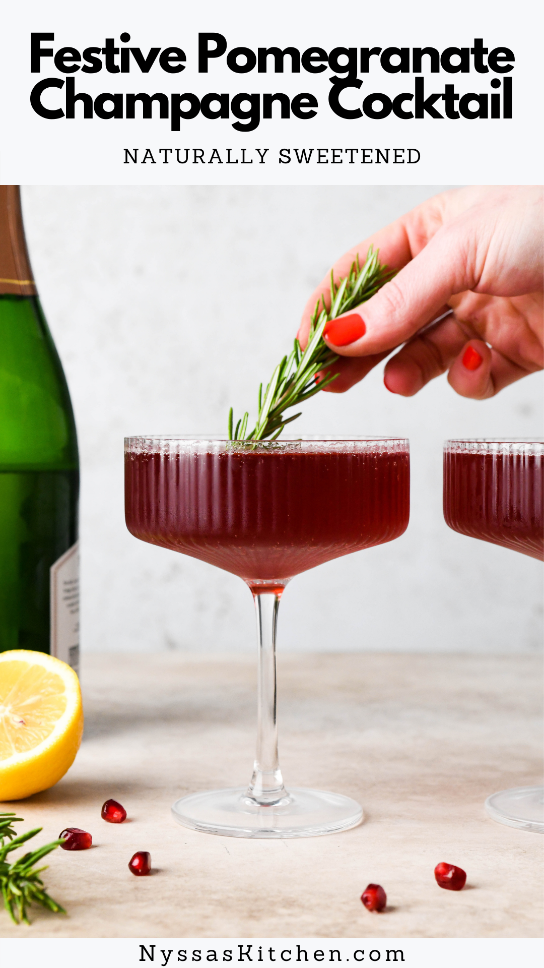 This festive pomegranate champagne cocktail is the perfect drink to serve for your holiday celebrations! Made with vodka or gin, pomegranate juice, lemon juice, maple syrup, and sparkling champagne. Bright, bubbly, and so delicious!