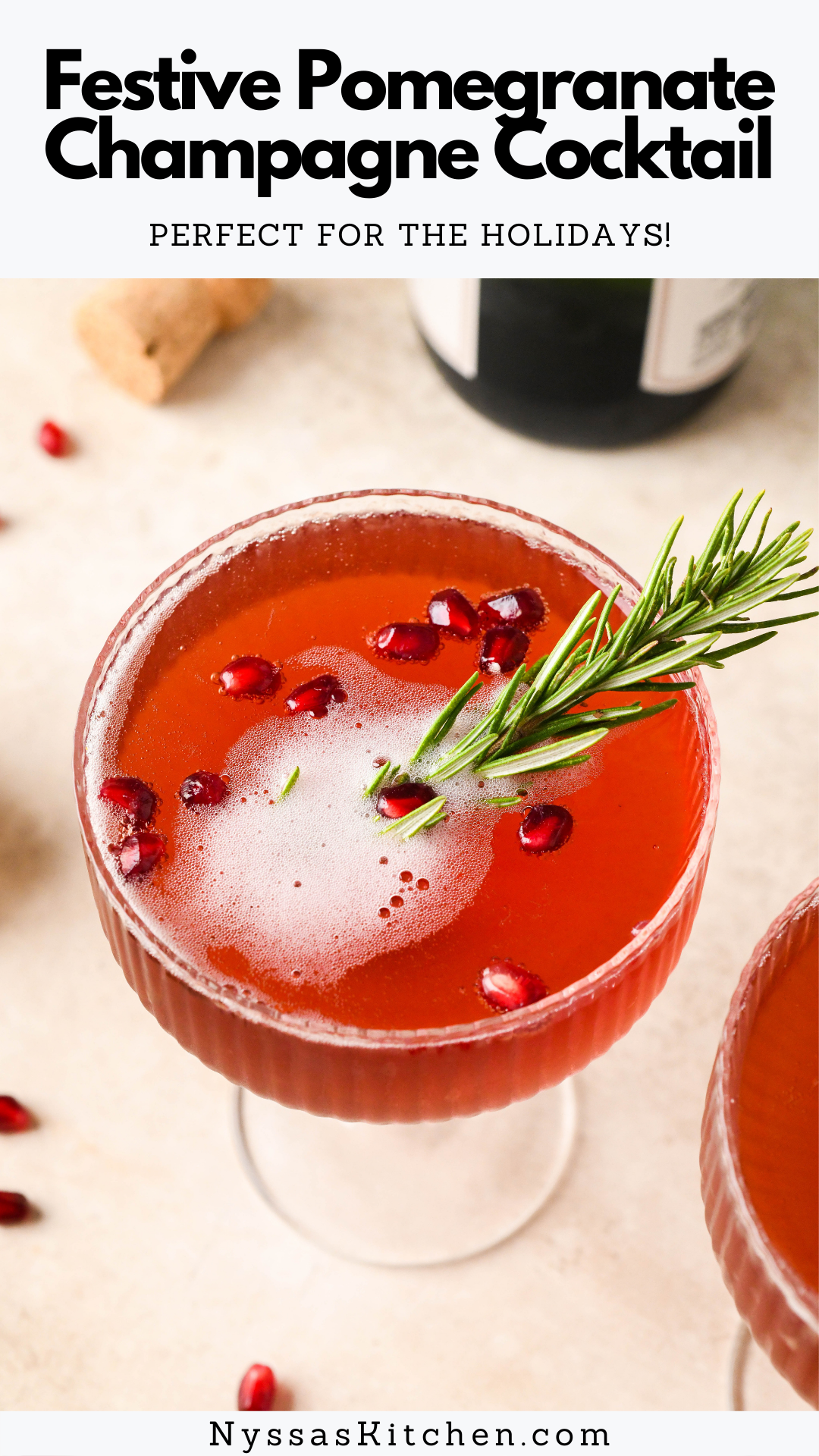 This festive pomegranate champagne cocktail is the perfect drink to serve for your holiday celebrations! Made with vodka or gin, pomegranate juice, lemon juice, maple syrup, and sparkling champagne. Bright, bubbly, and so delicious!