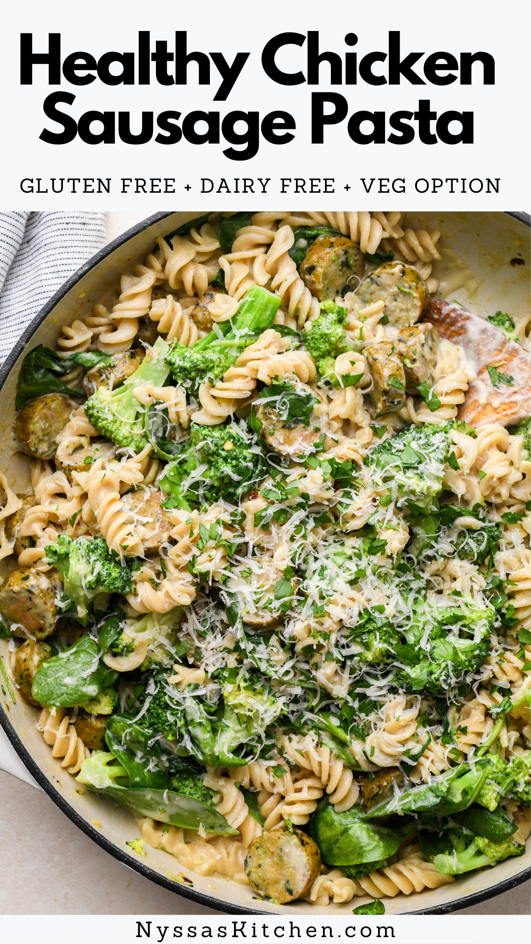 This healthy chicken sausage pasta skillet is an easy dinner recipe idea made with a dairy free cashew cream sauce and lots of veggies! Super flavorful, totally customizable, and ready in about 30 minutes. Gluten free, dairy free, and vegan option.