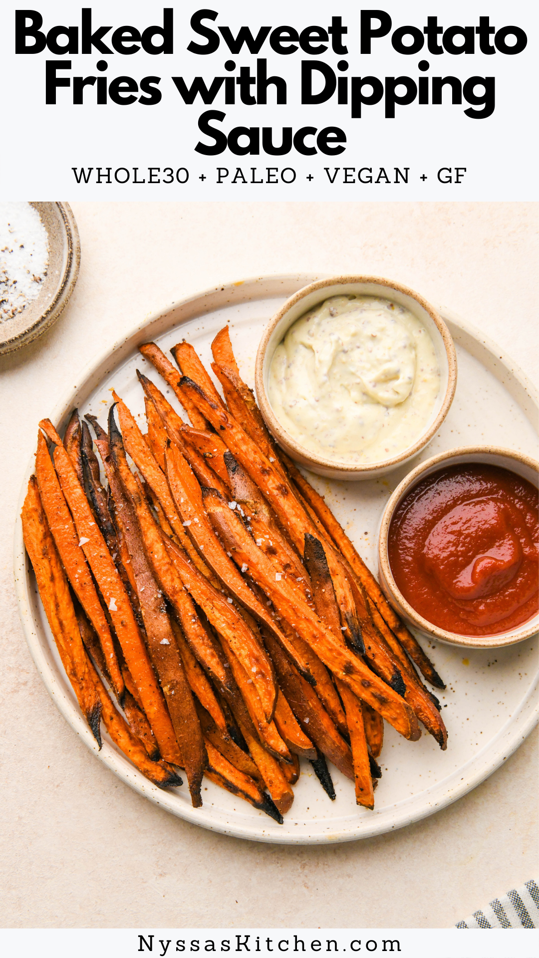 These healthy oven baked sweet potato fries are a tasty homemade snack that's super easy to make! Made with thinly cut sweet potatoes, avocado oil, and a blend of yummy seasonings. Roasted until crispy and delicious! Sauce recipe for dipping fries included in the blog post. Whole30, paleo, gluten free, and vegan.