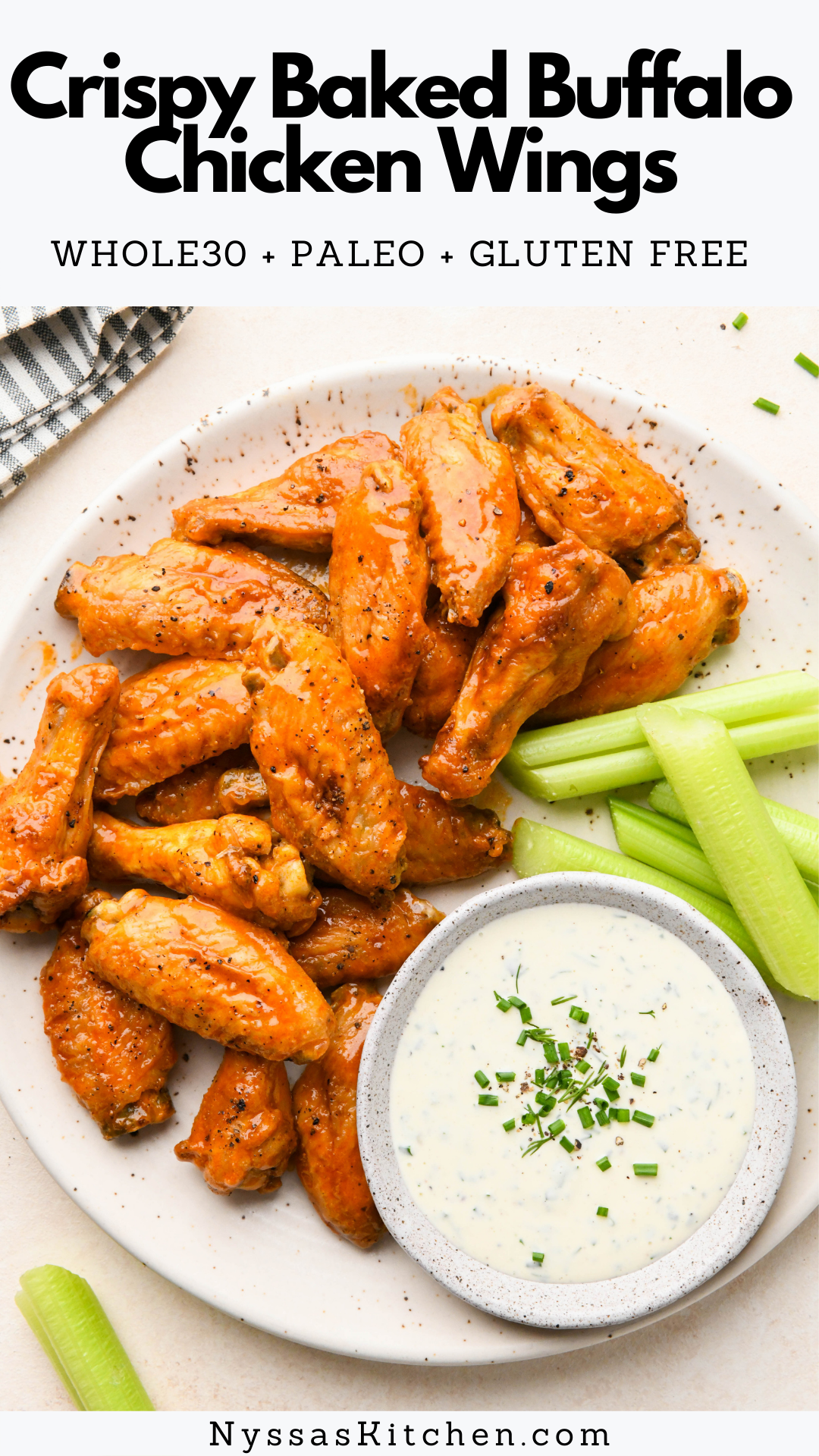 These crispy baked buffalo chicken wings are so easy to make and super delicious! Perfect for a party, game day, or main course at dinner. Baked in the oven (made without frying!) until crispy on the outside and tender on the inside, and tossed in a zippy, hot buffalo sauce. So good dipped in creamy ranch dressing! Whole30 compatible, paleo friendly, gluten free, and keto / low carb.