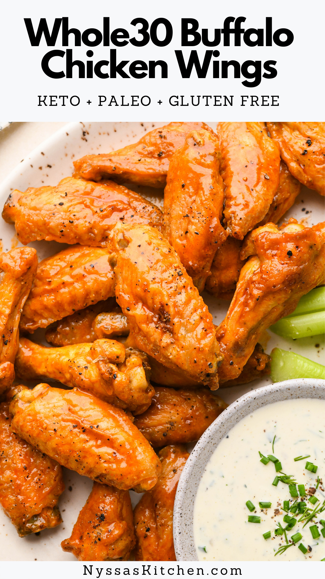 These crispy baked buffalo chicken wings are so easy to make and super delicious! Perfect for a party, game day, or main course at dinner. Baked in the oven (made without frying!) until crispy on the outside and tender on the inside, and tossed in a zippy, hot buffalo sauce. So good dipped in creamy ranch dressing! Whole30 compatible, paleo friendly, gluten free, and keto / low carb.