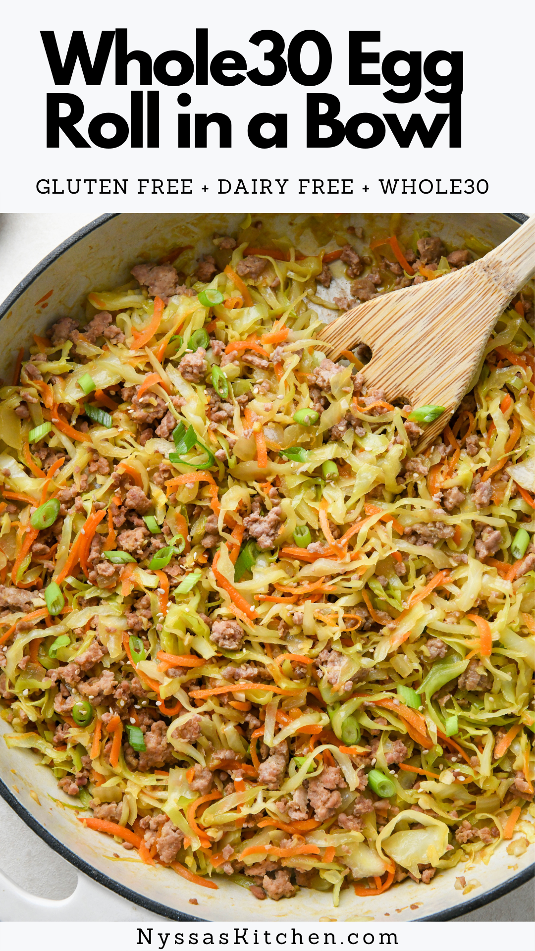 This healthy egg roll in a bowl is made in one skillet with simple ingredients for the perfect weeknight dinner recipe! Made with ground turkey, shredded cabbage, carrots, a savory sauce, and some irresistible garnishes. Easy to throw together and totally delicious! Whole30, gluten free, paleo.