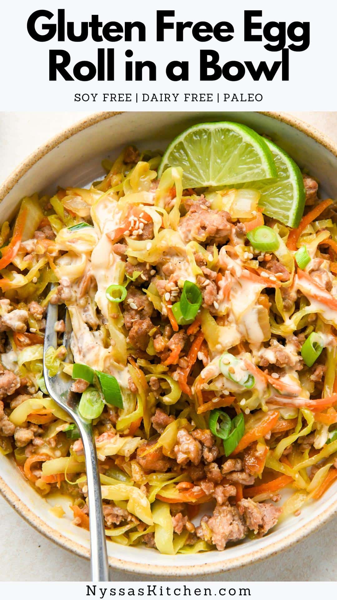 This gluten free egg roll in a bowl comes together in around 30 minutes in one skillet for the perfect weeknight dinner recipe! Made with ground turkey, shredded cabbage, carrots, a savory soy free sauce, and some irresistible garnishes. Easy to throw together and totally delicious! Whole30, gluten free, paleo.