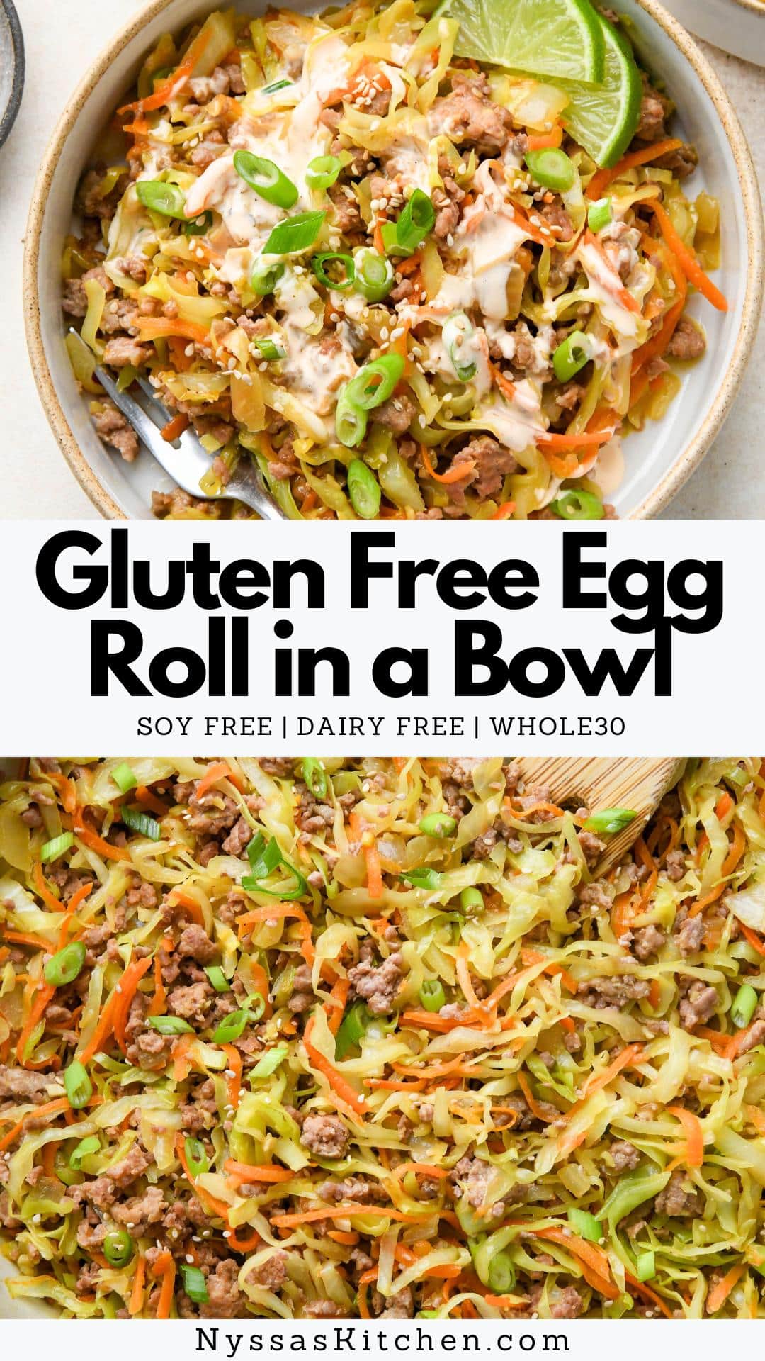 This gluten free egg roll in a bowl comes together in around 30 minutes in one skillet for the perfect weeknight dinner recipe! Made with ground turkey, shredded cabbage, carrots, a savory soy free sauce, and some irresistible garnishes. Easy to throw together and totally delicious! Whole30, gluten free, paleo.