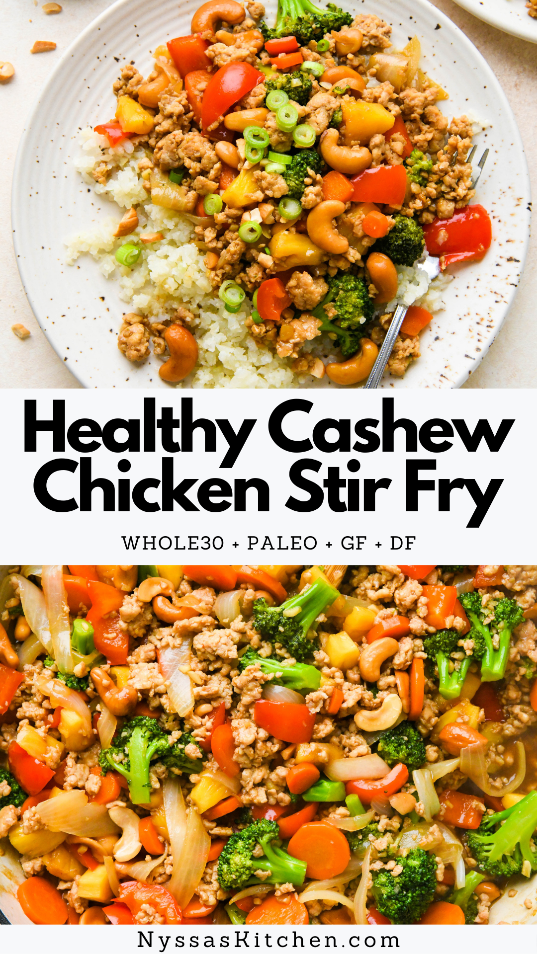 This healthy cashew chicken stir fry is the best weeknight homemade dinner recipe! Made with ground chicken, lots of veggies, pineapple, cashews, garlic, ginger, and a simple stir fry sauce. Ready in 30 minutes and so full of flavor! Whole30, paleo, gluten free, dairy free, soy free.