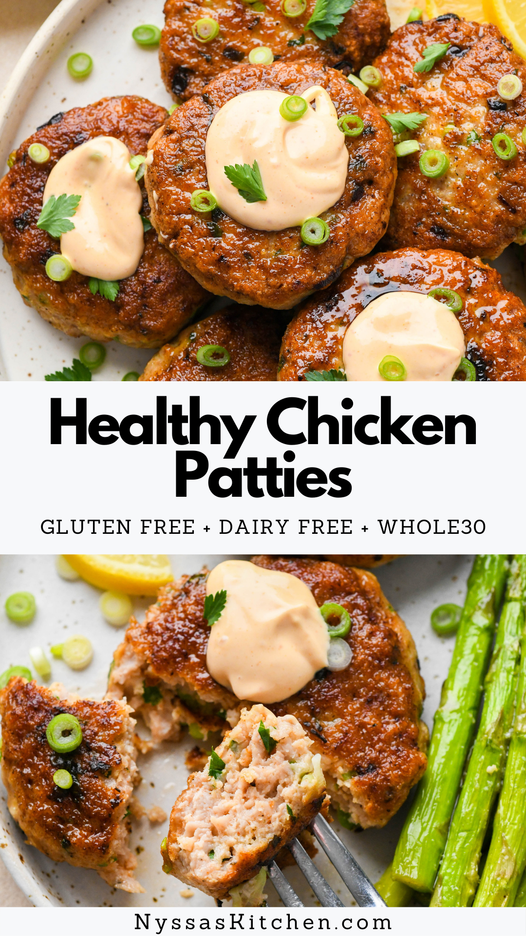 These healthy chicken patties are a delicious protein rich Whole30 dinner option! Made with ground chicken, flavorful spices, green onions, and fresh herbs. Perfect on their own or served with a big green salad or side vegetable. Whole30, gluten free, dairy free, keto, low carb.
