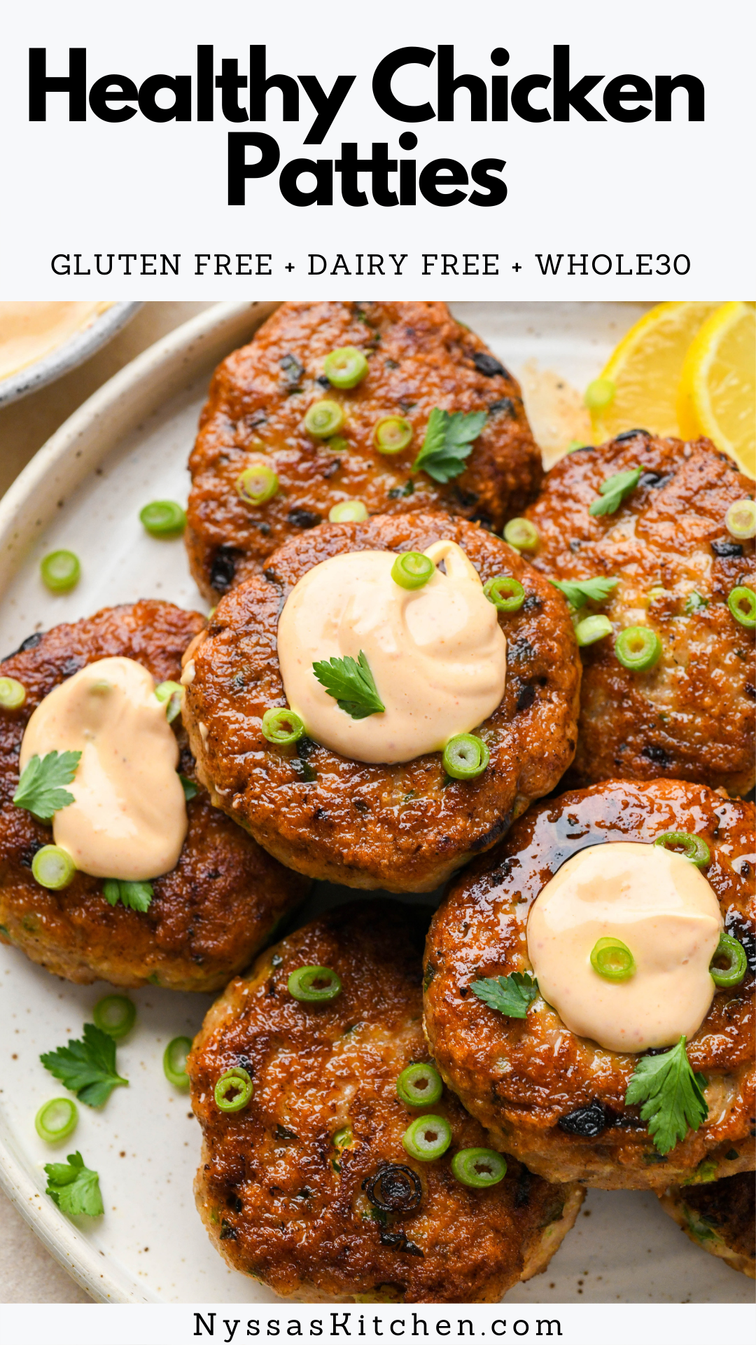 These healthy chicken patties are a delicious protein rich Whole30 dinner option! Made with ground chicken, flavorful spices, green onions, and fresh herbs. Perfect on their own or served with a big green salad or side vegetable. Whole30, gluten free, dairy free, keto, low carb.